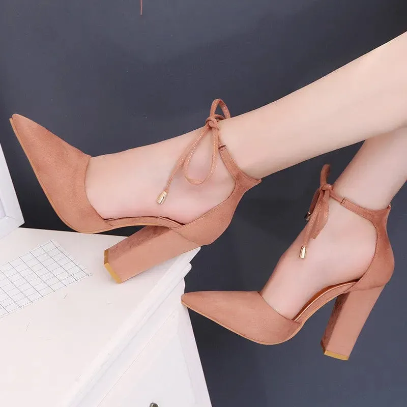 Elegant Square High Heels Lace Up Pointed Toe Ladies Shoes