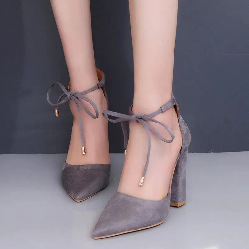 Elegant Square High Heels Lace Up Pointed Toe Ladies Shoes