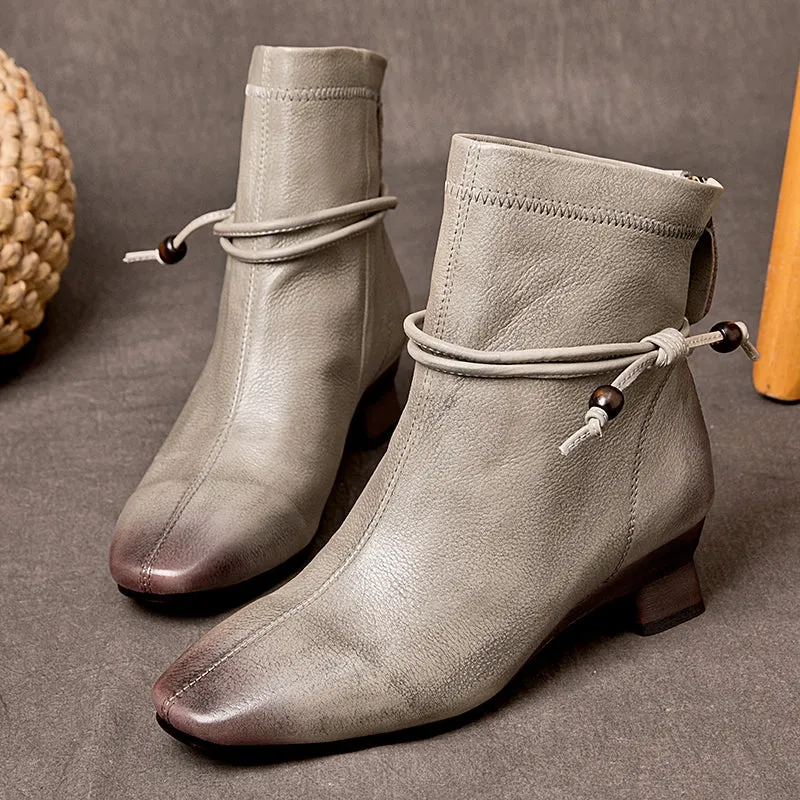 Elegant Women's Cow Leather Short Boots Low Heel Pumps for Autumn in Grey