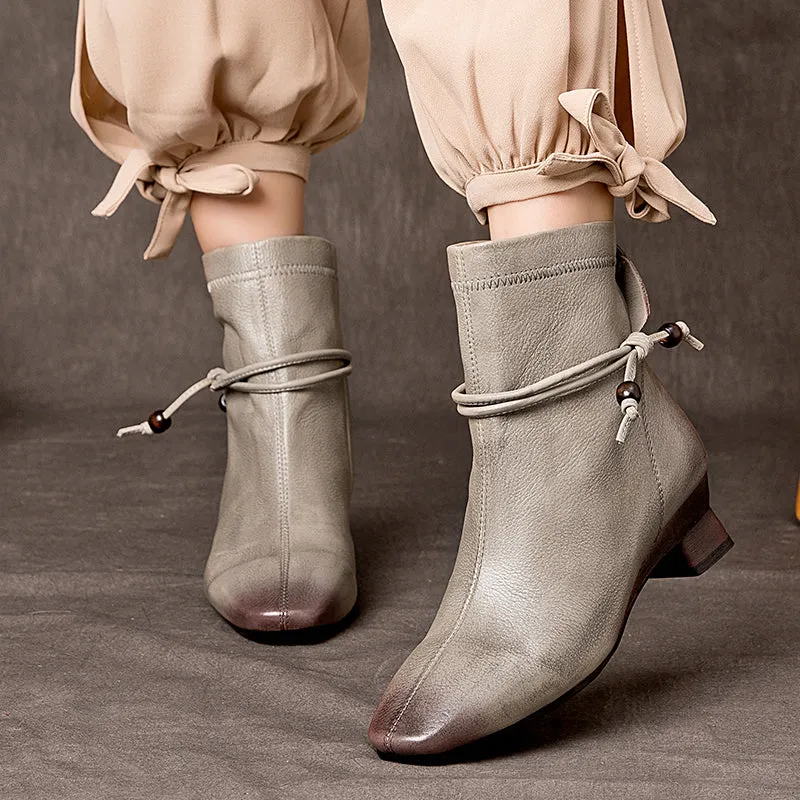 Elegant Women's Cow Leather Short Boots Low Heel Pumps for Autumn in Grey