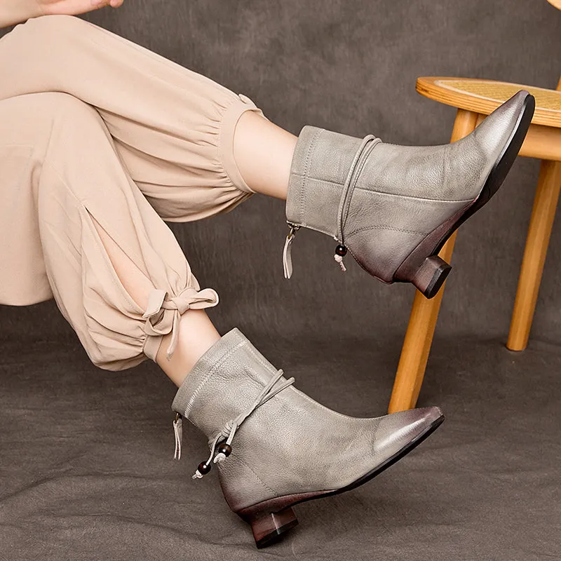 Elegant Women's Cow Leather Short Boots Low Heel Pumps for Autumn in Grey