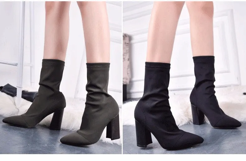 Elegant Yarn Elastic Pointed Toe Heels Women Ankle Boots