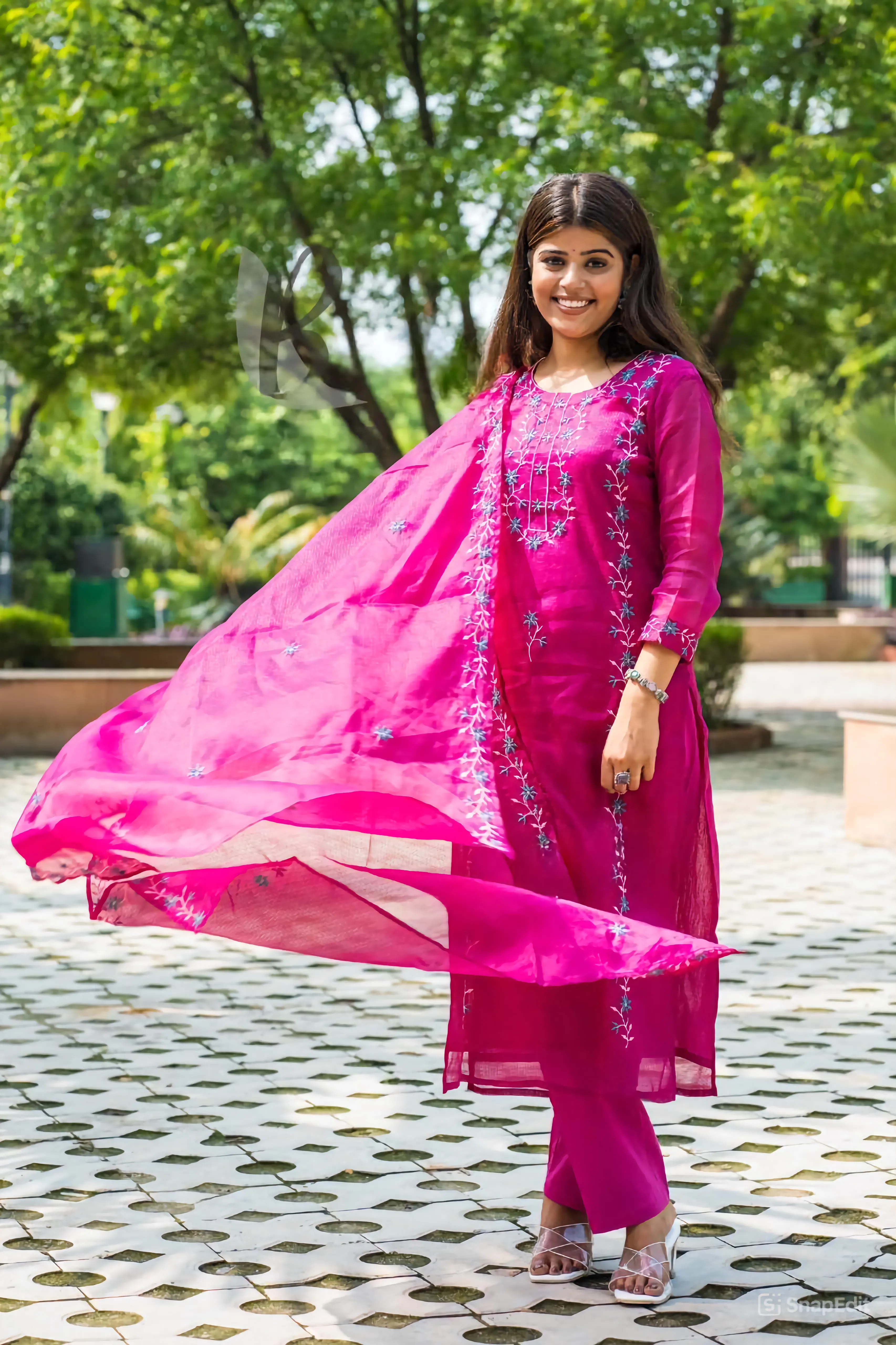 Embroidered Kota Doria Kurti Set with Cotton Pant and Dupatta