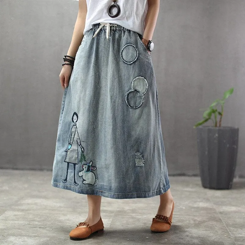 Embroidered Patchwork Kawaii Denim Skirt