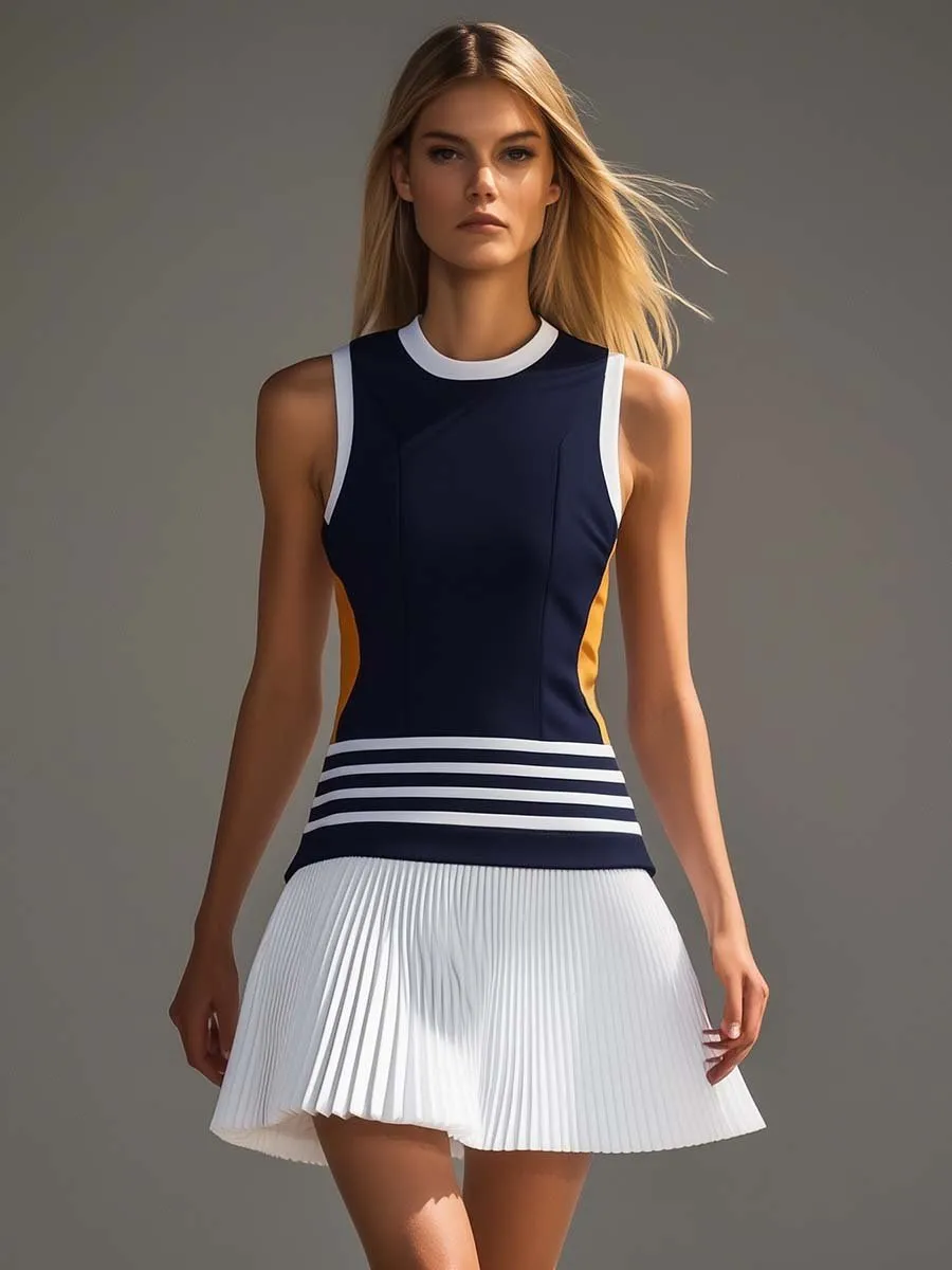 Fashionable and Energetic Vest-style Navy Blue and White Contrast Mini Dress