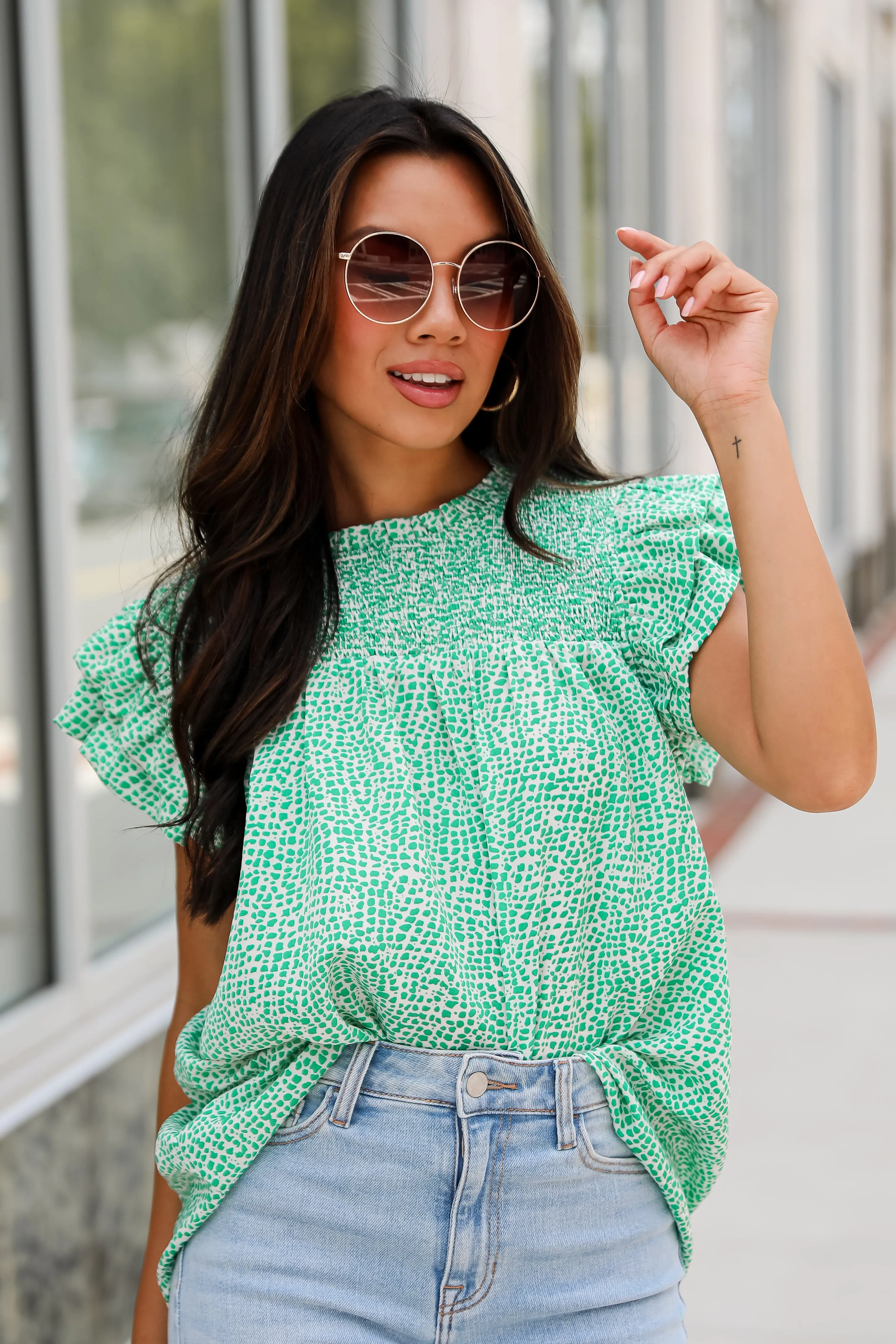 FINAL SALE - Feeling Girly Kelly Green Spotted Blouse