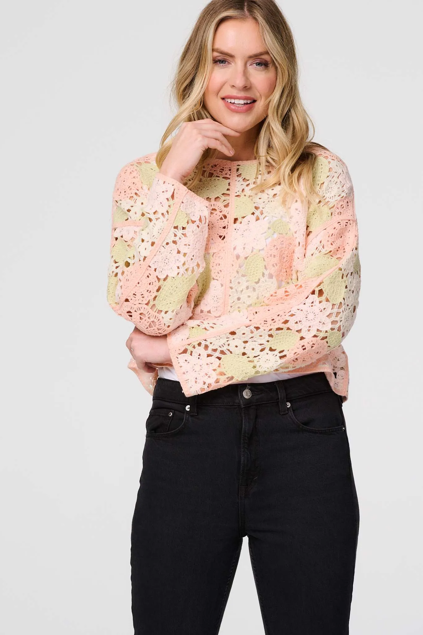 Floral Crochet Cropped Long Sleeve Top