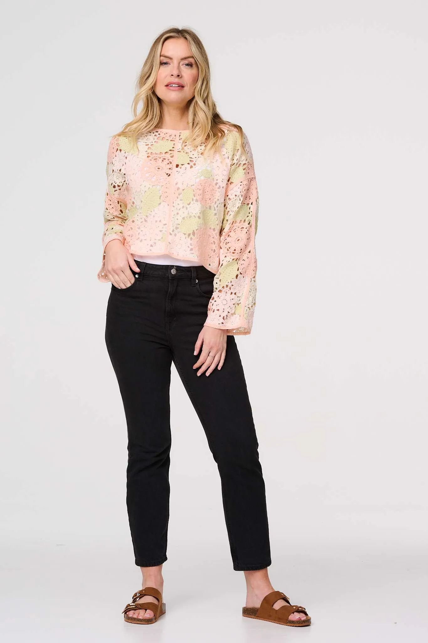 Floral Crochet Cropped Long Sleeve Top