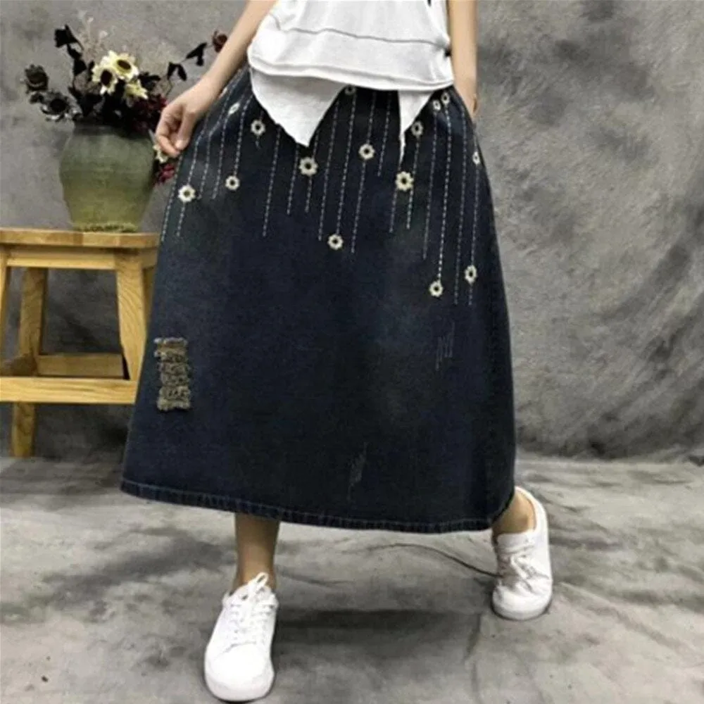 Floral Embroidered Distressed Denim Skirt