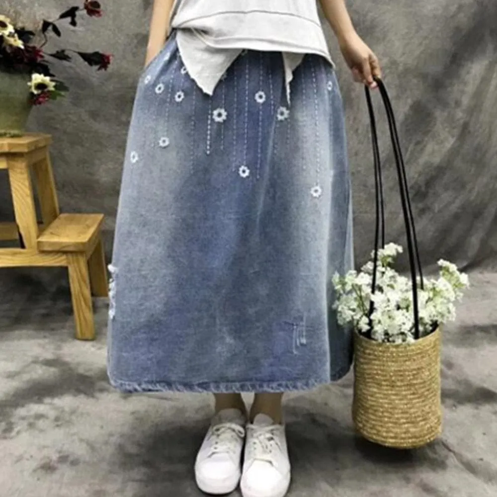 Floral Embroidered Distressed Denim Skirt