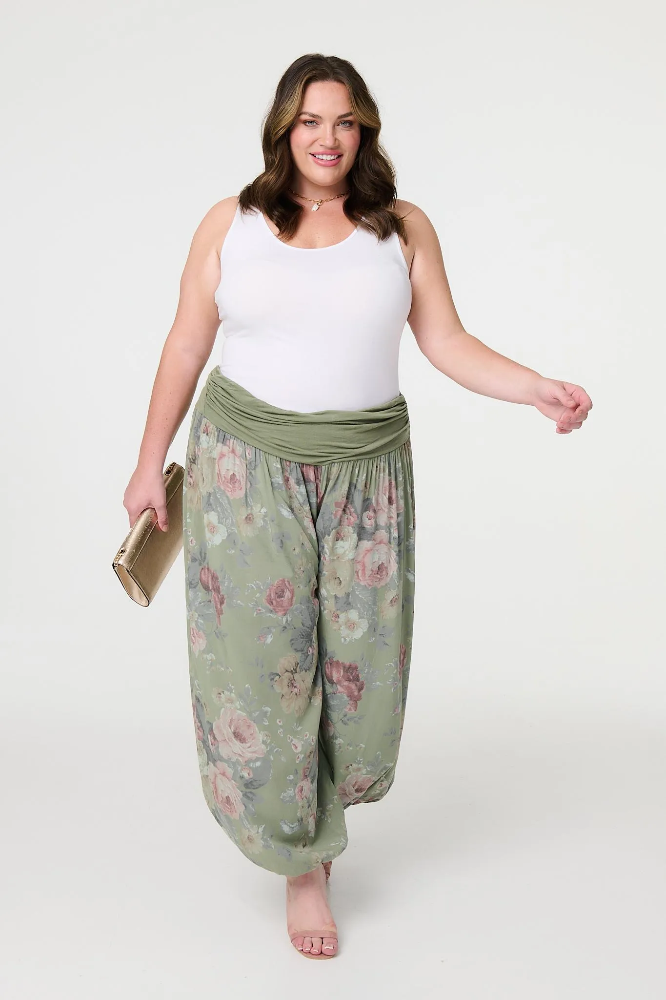 Floral Ruched Waist Harem Trousers