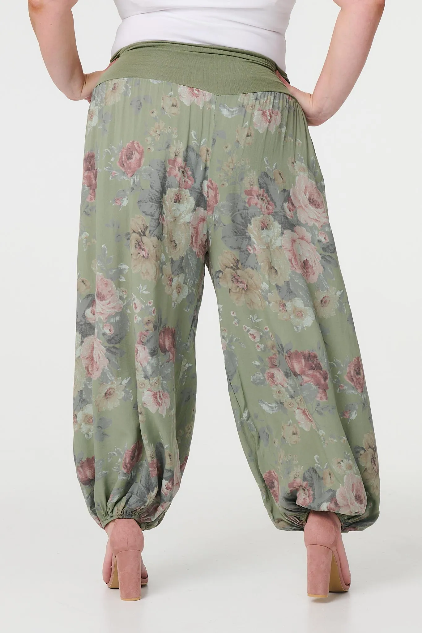 Floral Ruched Waist Harem Trousers