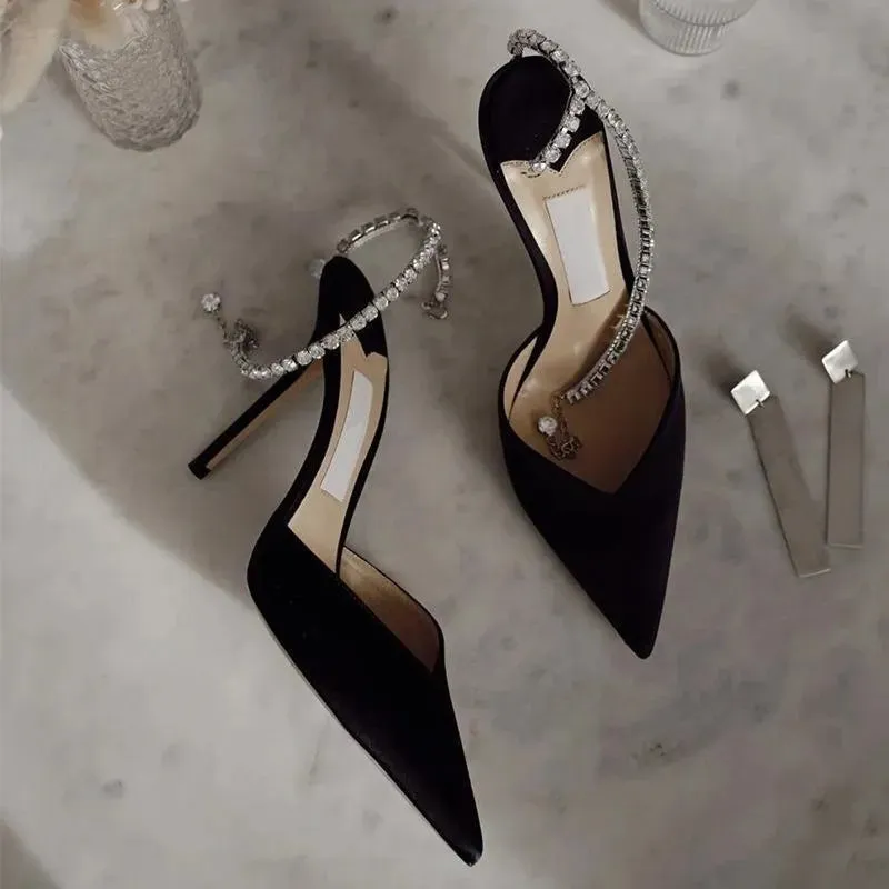 Free shipping high heels new European and American suede pointed women's sandals black rhinestone chain slim heel