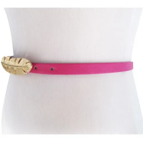 Fuchsia Skinny Waist Belt with Gold Feather Belt Buckle