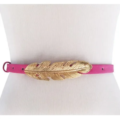 Fuchsia Skinny Waist Belt with Gold Feather Belt Buckle