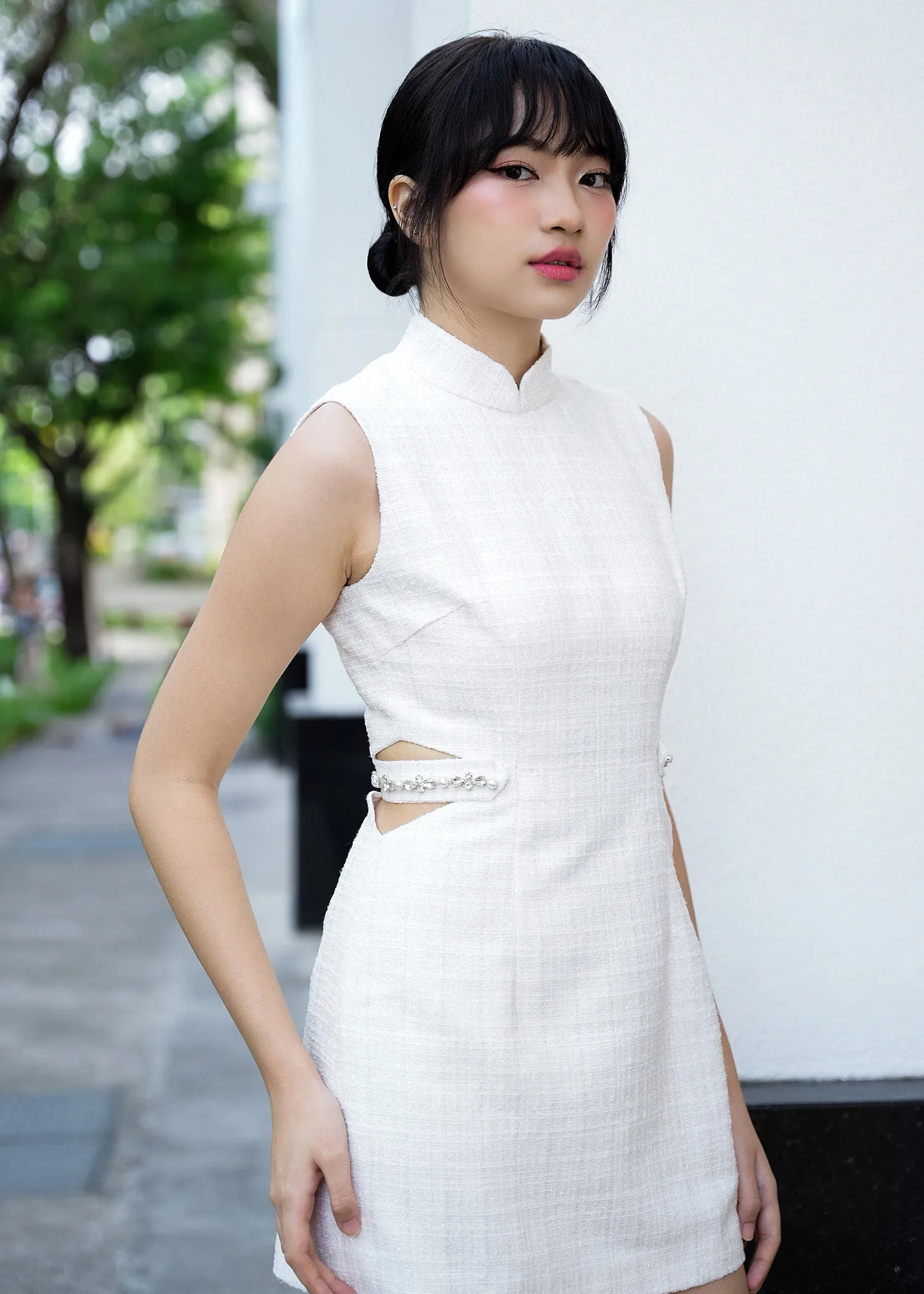 Gardenia Tweed Cut-out Mini Qipao (White) - RTW