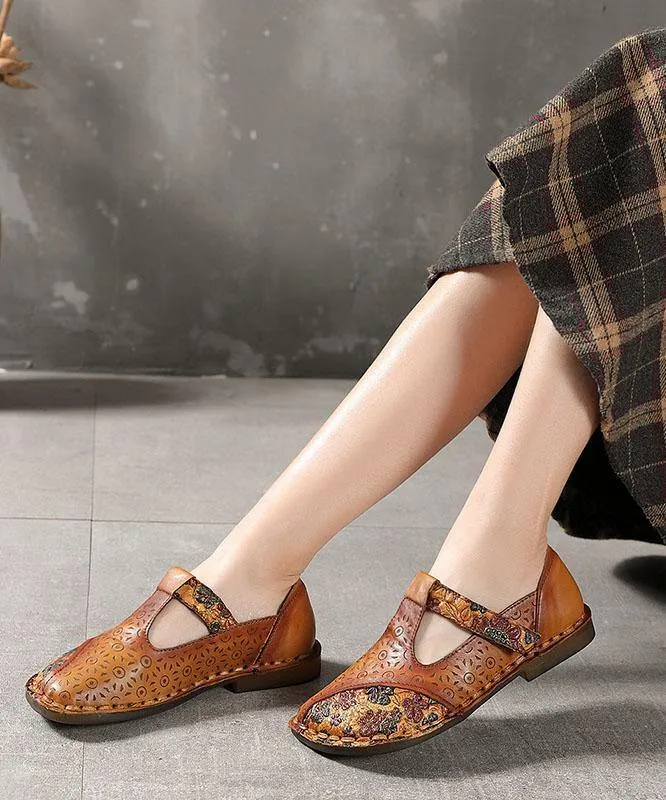 Genuine Leather Brown Flat Shoes Embossed Flats