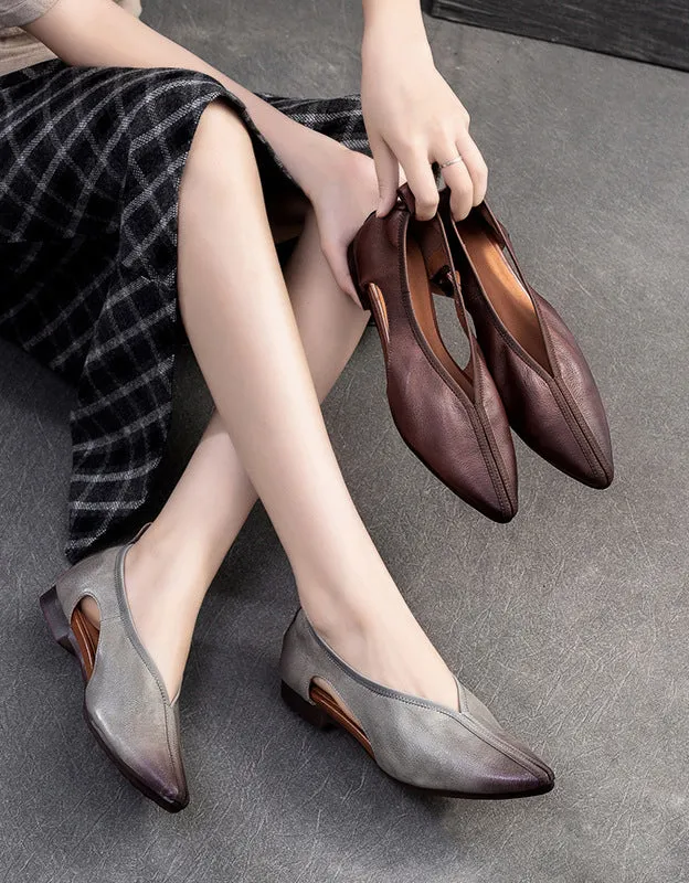 Genuine Leather Cut Out Pointed Toe Retro Flat Pumps