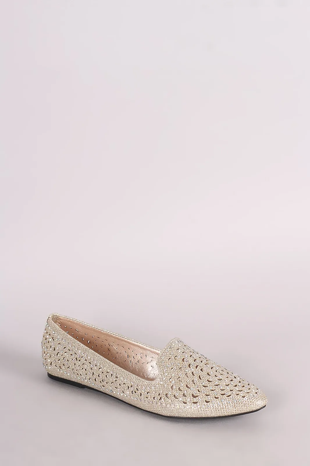 Glitter Rhinestone Embellished Perforated Pointy Toe Loafer Flat