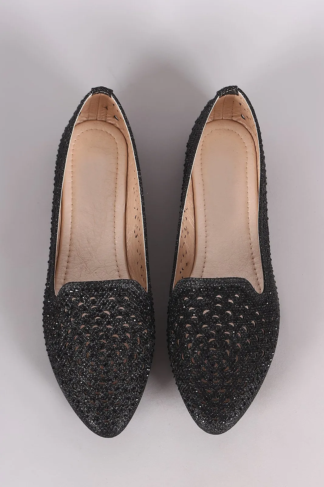 Glitter Rhinestone Embellished Perforated Pointy Toe Loafer Flat