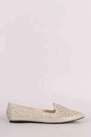 Glitter Rhinestone Embellished Perforated Pointy Toe Loafer Flat