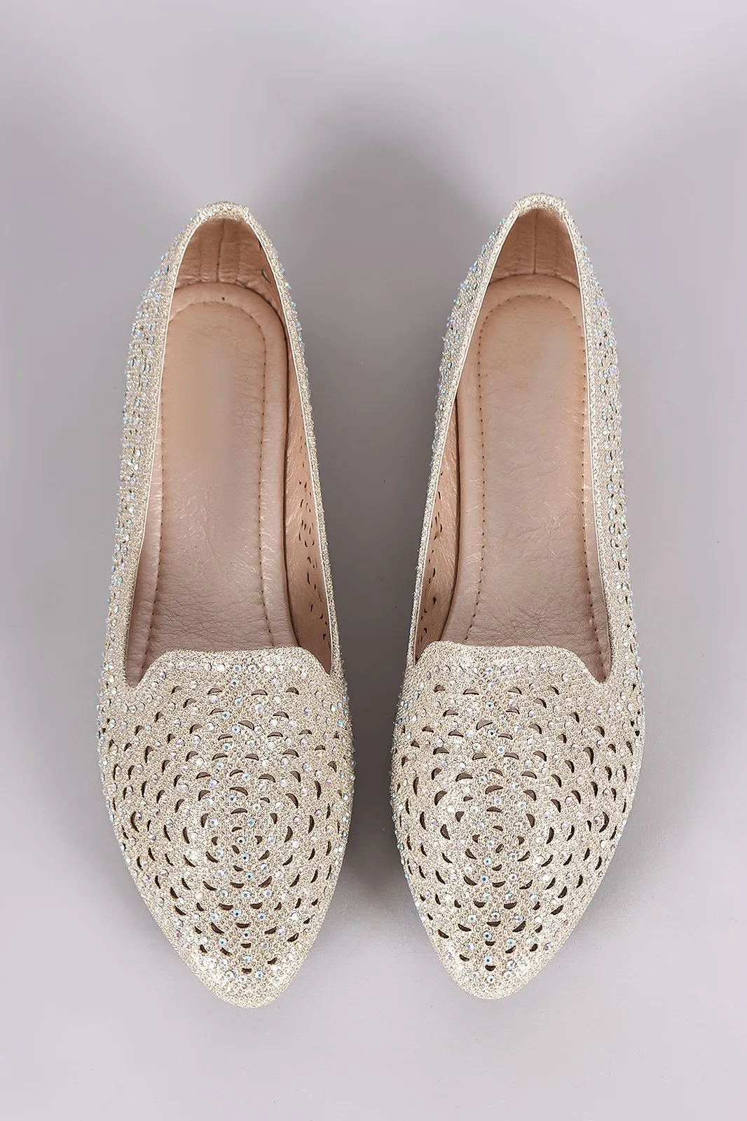 Glitter Rhinestone Embellished Perforated Pointy Toe Loafer Flat