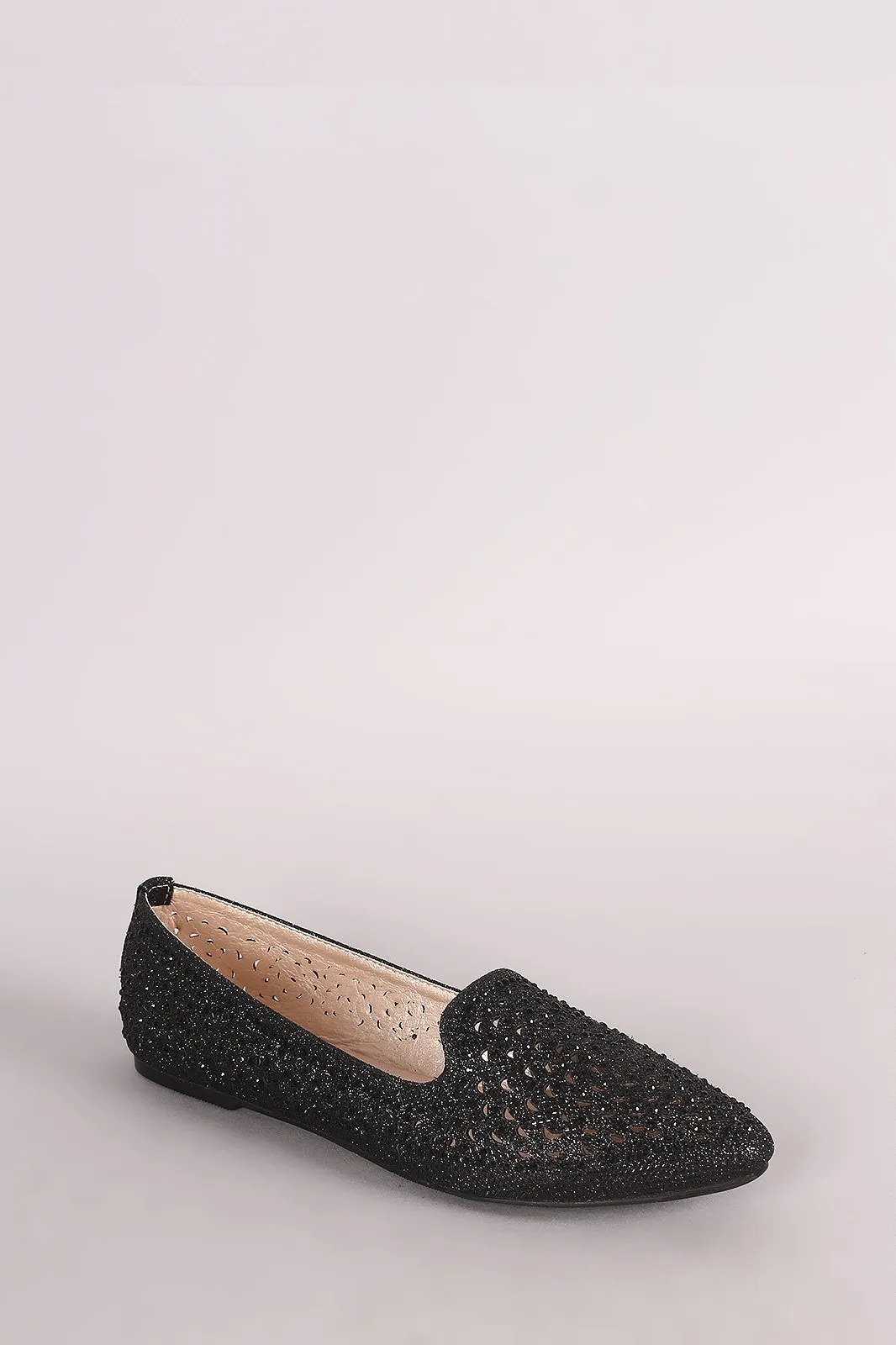 Glitter Rhinestone Embellished Perforated Pointy Toe Loafer Flat