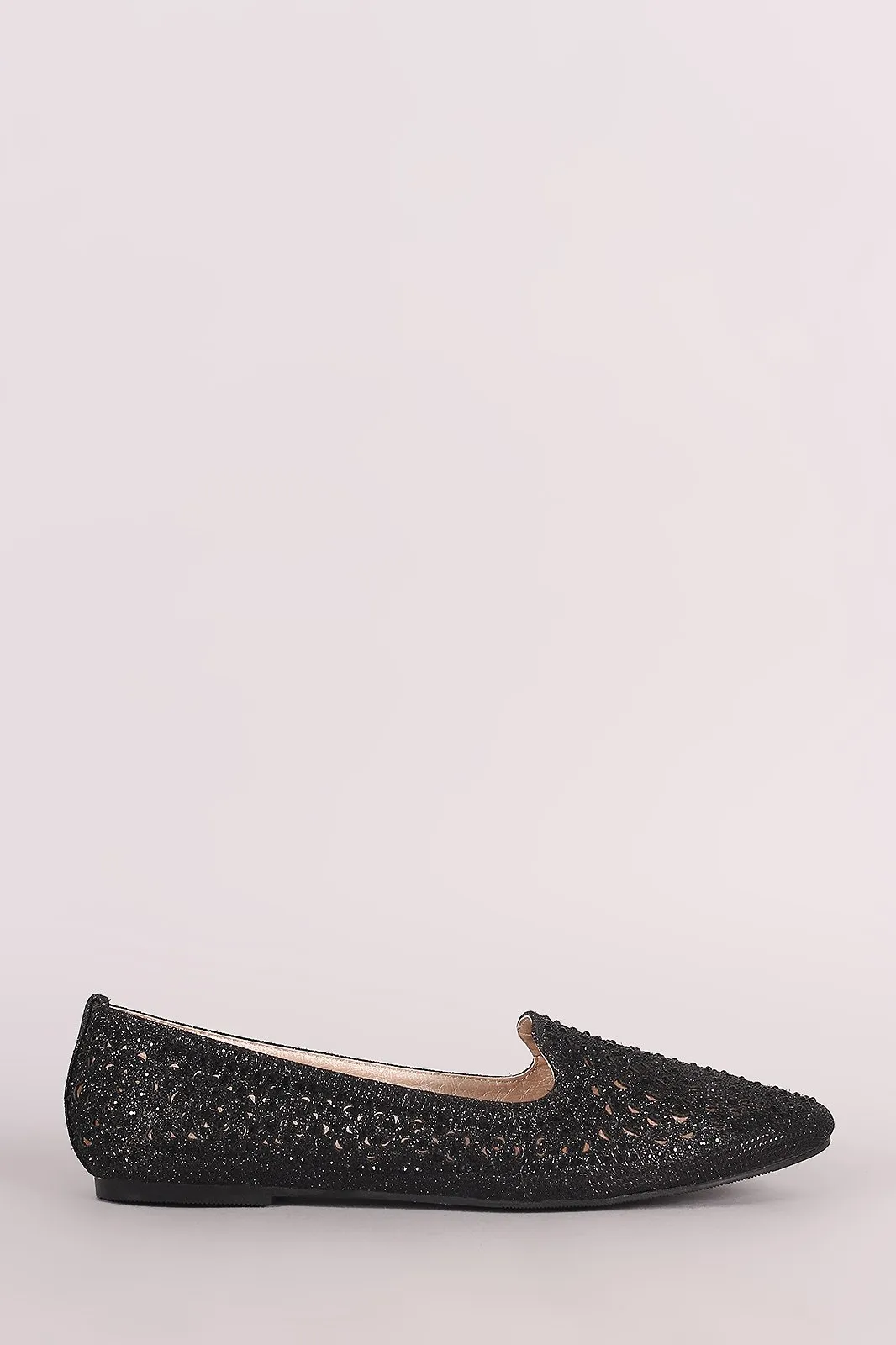 Glitter Rhinestone Embellished Perforated Pointy Toe Loafer Flat