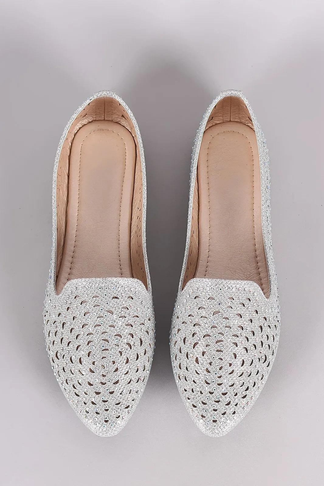 Glitter Rhinestone Embellished Perforated Pointy Toe Loafer Flat