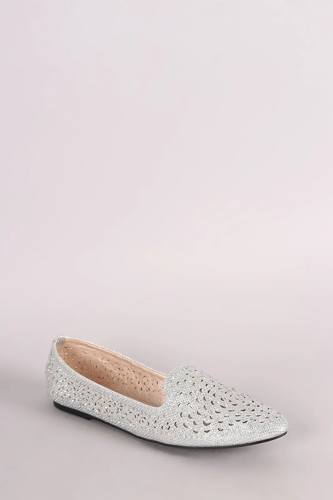 Glitter Rhinestone Embellished Perforated Pointy Toe Loafer Flat