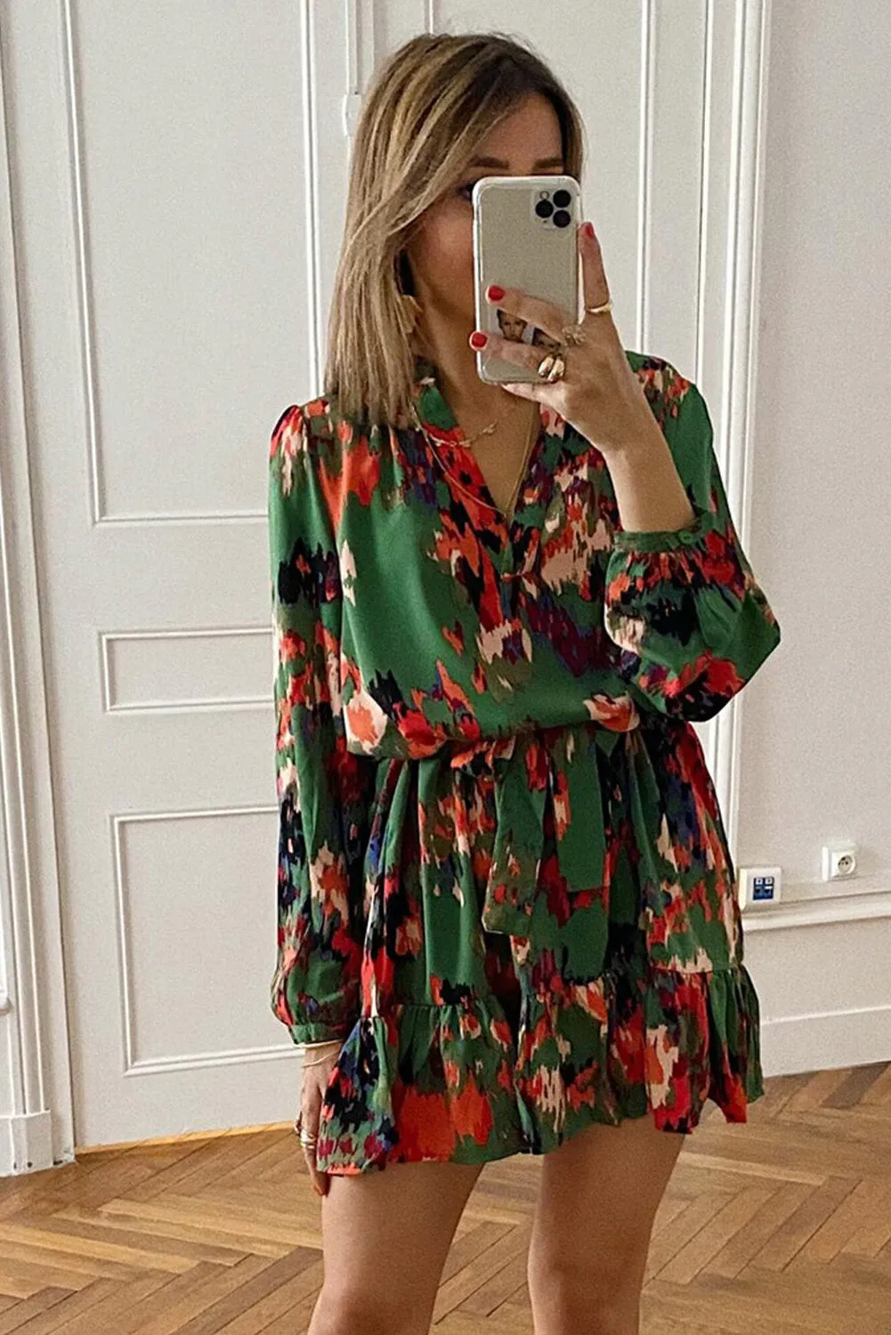 Green Ruffle Lace Up Boho Colorblock Short Dress