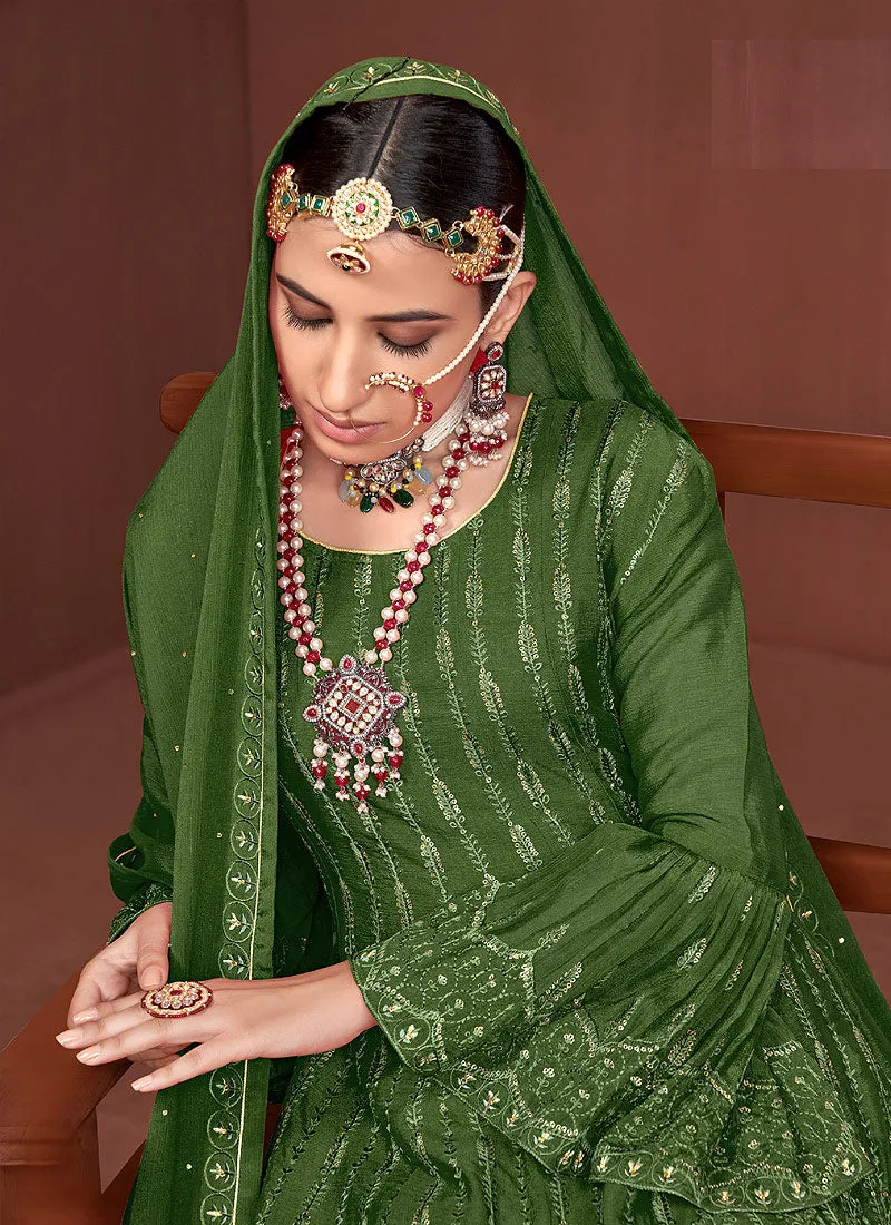 Green Sequence Embroidered Anarkali Sharara Suit