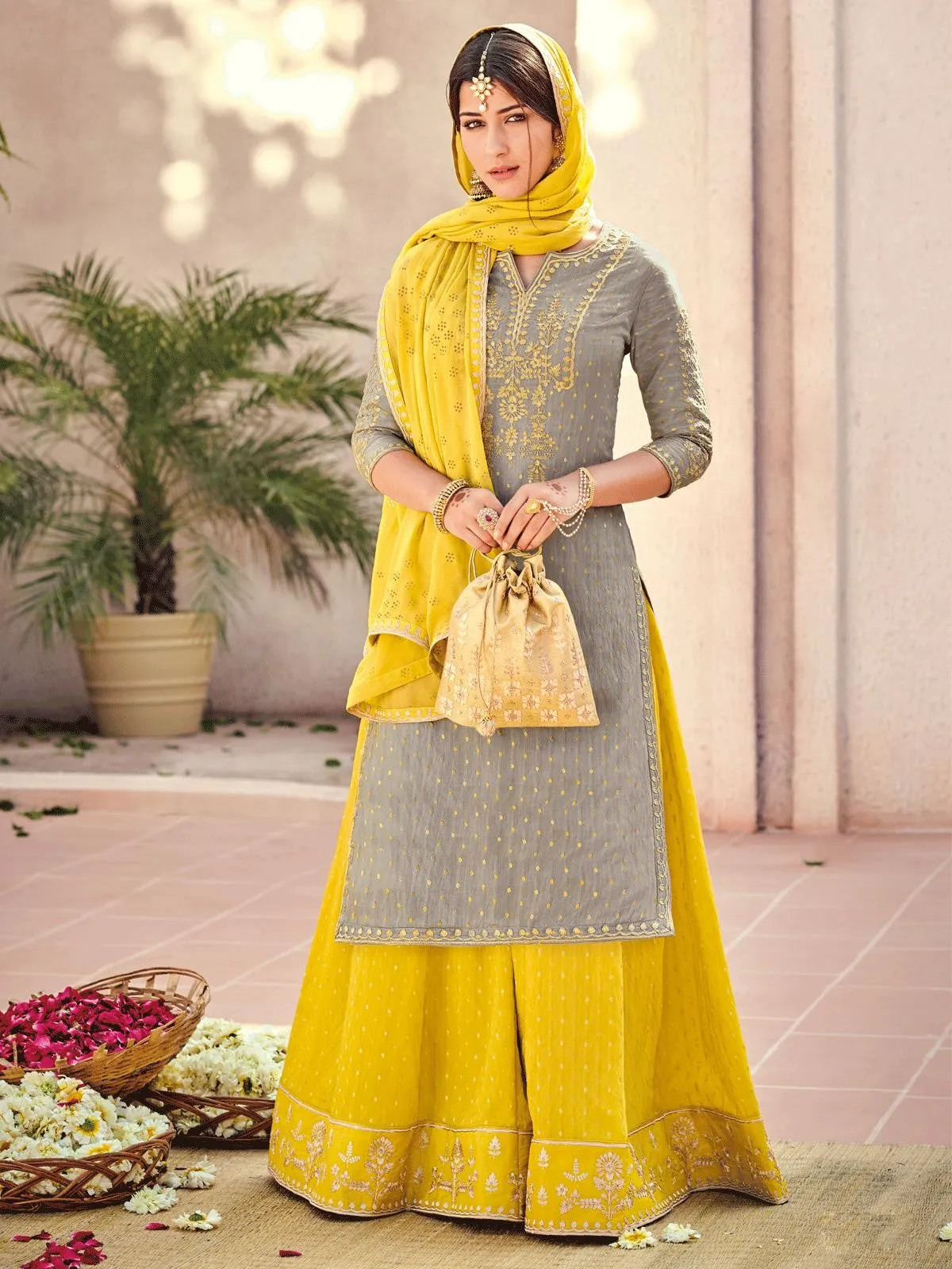 Grey And Yellow Embroidered Gharara Palazzo Suit