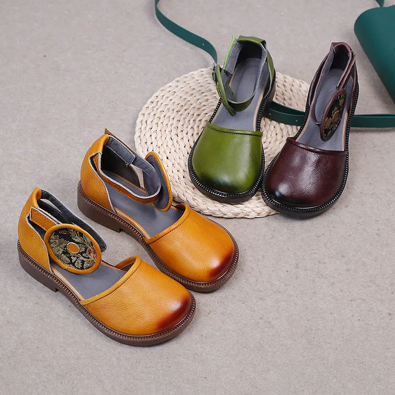 Handmade Genuine Leather Mary Jane  Retro Breathable Shoes Black/Brown/Coffee/Yellow/Green