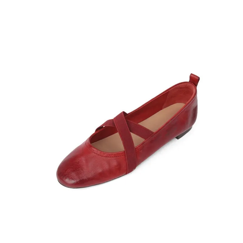 Handmade Leather Mary Jane Shoes Cross Strap Ballet Flats in Red/Black/Pink/Apricot