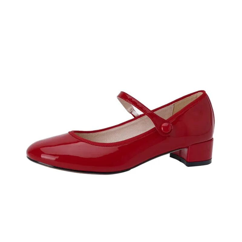 Handmade Leather Strappy Mary Jane Pumps with 30mm Block Heel in Red/Black