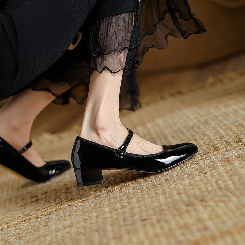 Handmade Leather Strappy Mary Jane Pumps with 30mm Block Heel in Red/Black