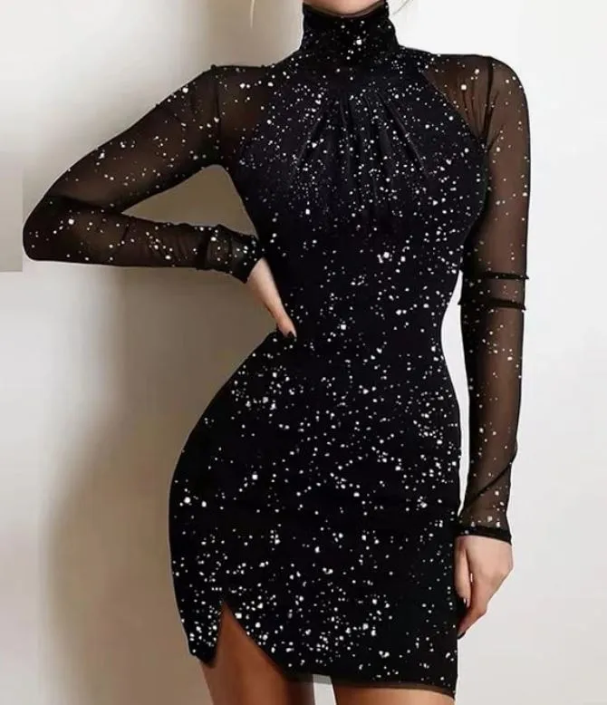 High Neck Sheer Sleeved Sparkle Dress in Black