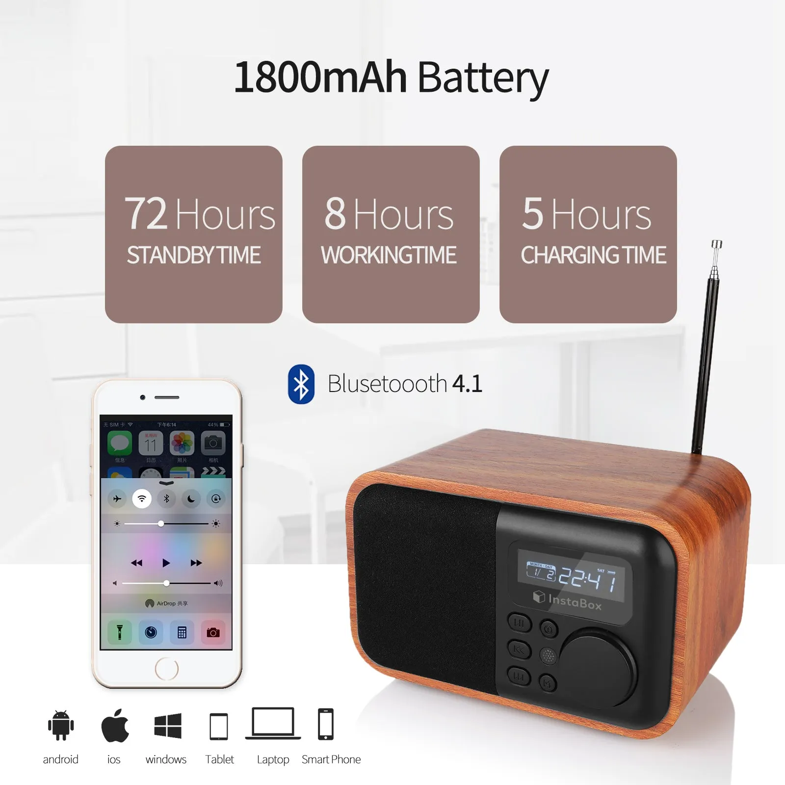 InstaBox i90 Wooden FM Clock Radio & Bluetooth Speaker [DISCONTINUED]