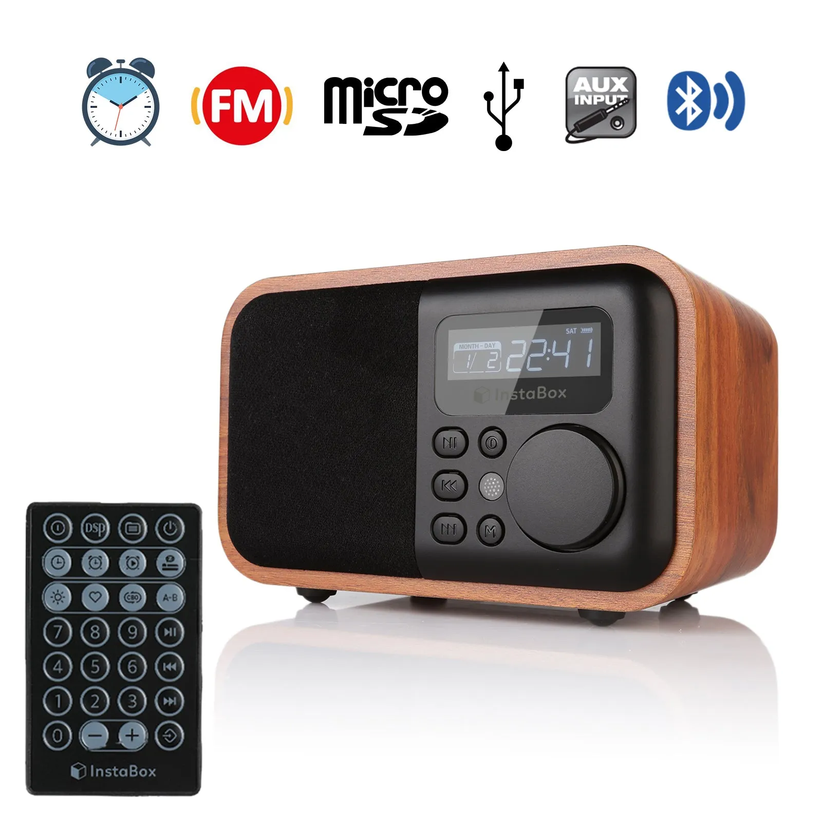 InstaBox i90 Wooden FM Clock Radio & Bluetooth Speaker [DISCONTINUED]