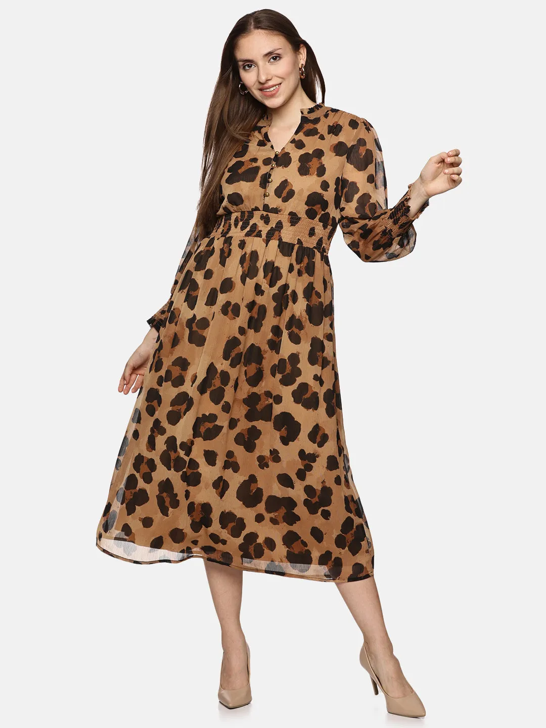 IS.U Animal Print Smocked Waist Midaxi Dress