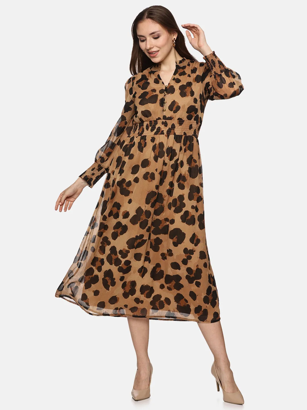 IS.U Animal Print Smocked Waist Midaxi Dress