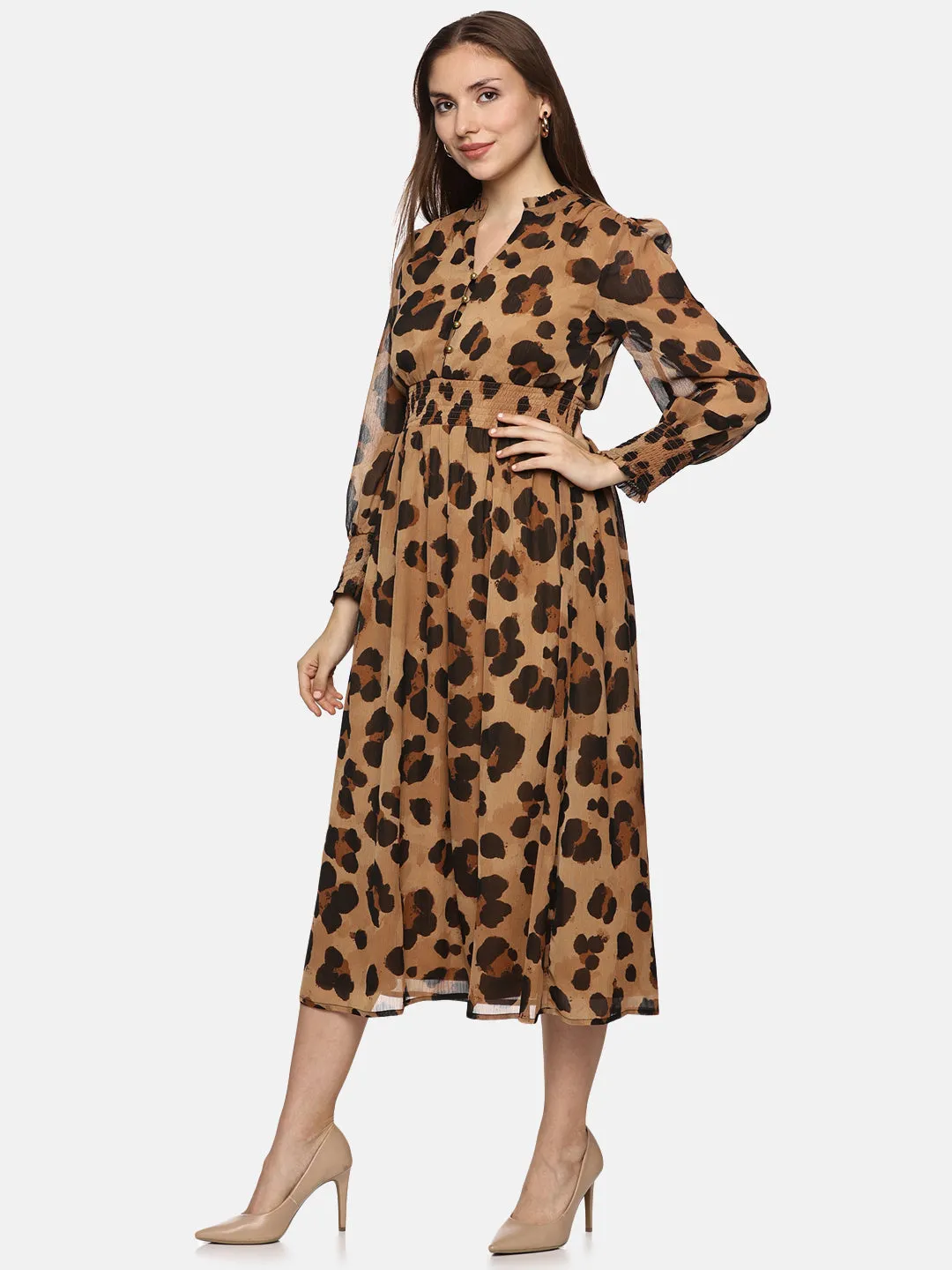 IS.U Animal Print Smocked Waist Midaxi Dress