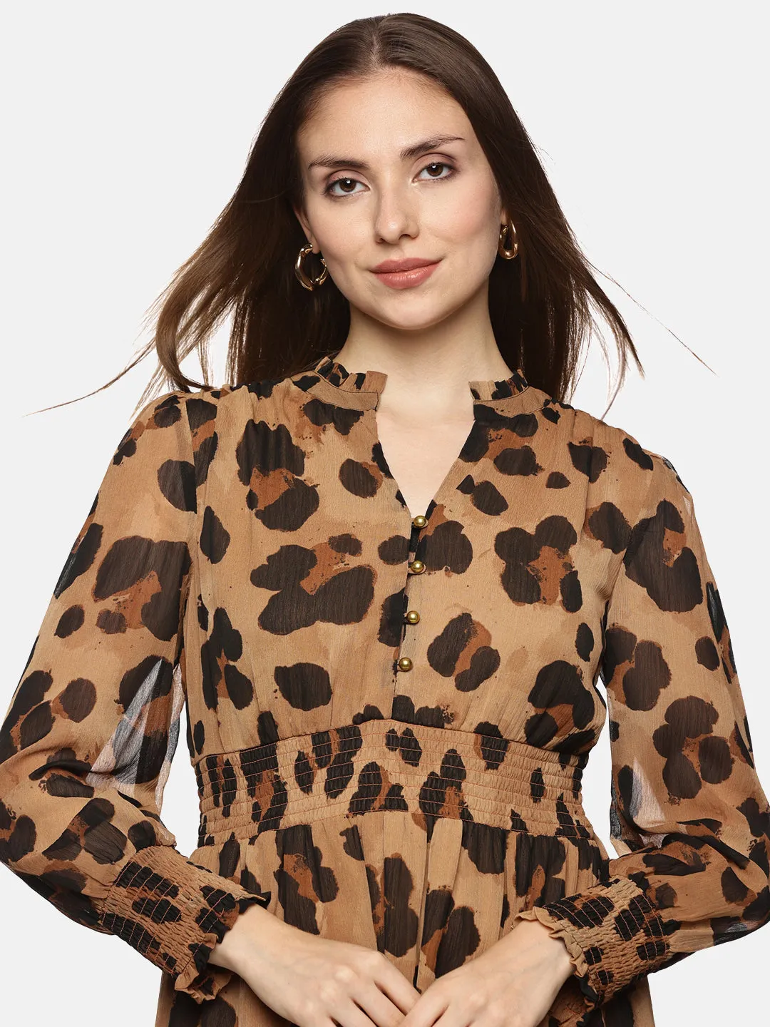 IS.U Animal Print Smocked Waist Midaxi Dress