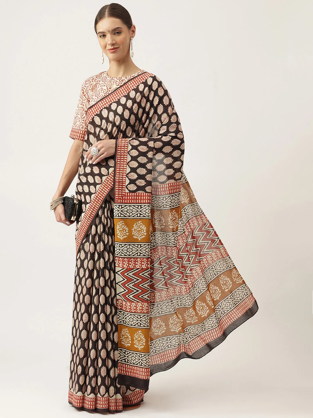 Jashvi Black & Beige HandBlock MulMul Cotton Saree