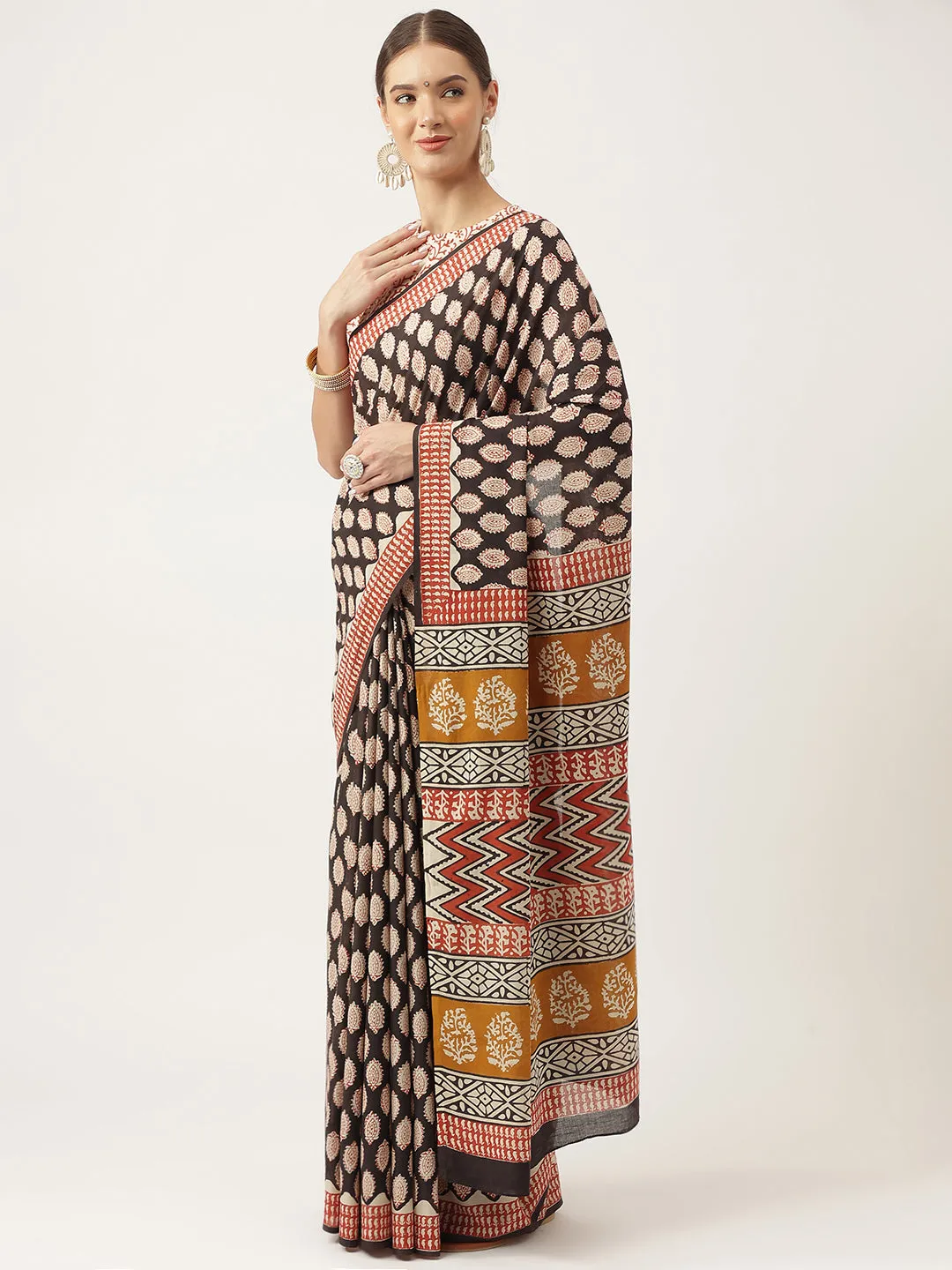 Jashvi Black & Beige HandBlock MulMul Cotton Saree