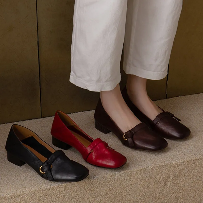 Leather Square Toe 30mm Block Heel Pumps in Red/Brown/Black