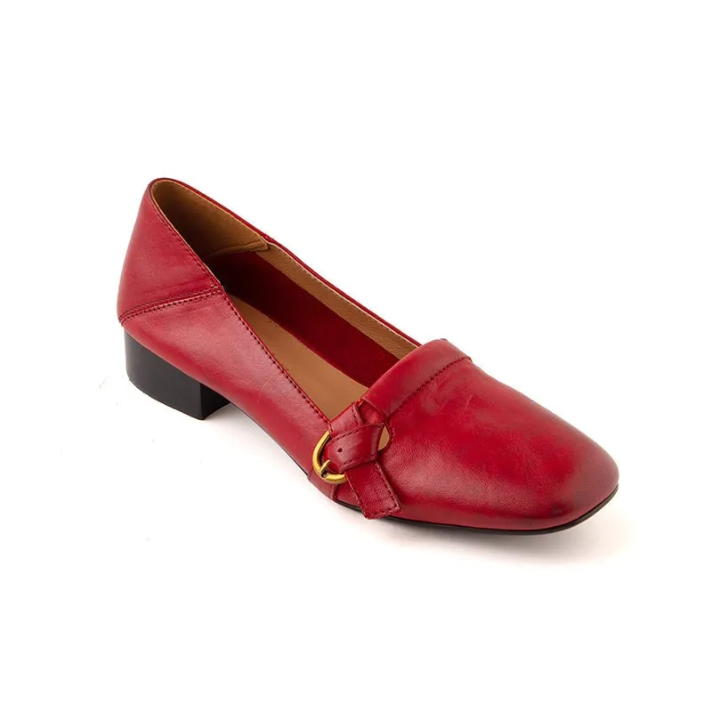 Leather Square Toe 30mm Block Heel Pumps in Red/Brown/Black