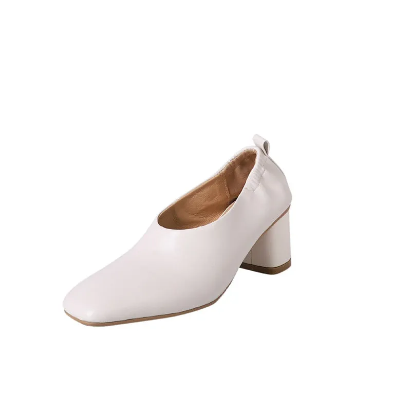 Leather Square Toe Block Heeled Slip-On Pumps Dress Shoes in Beige/Apricot/Brown