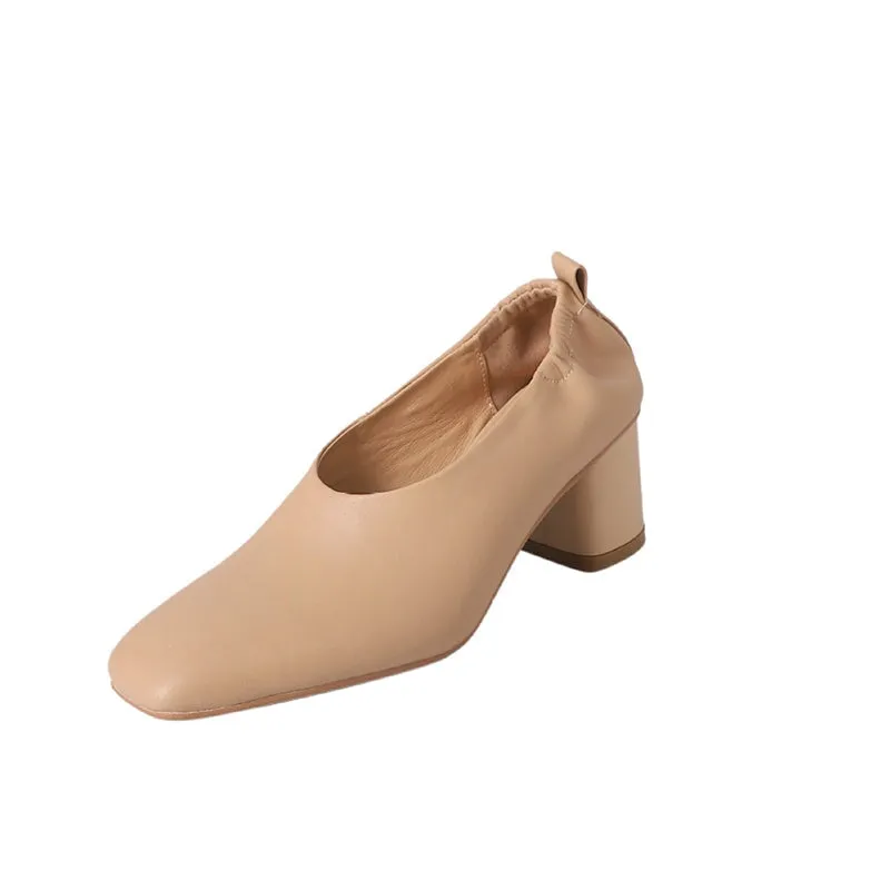 Leather Square Toe Block Heeled Slip-On Pumps Dress Shoes in Beige/Apricot/Brown